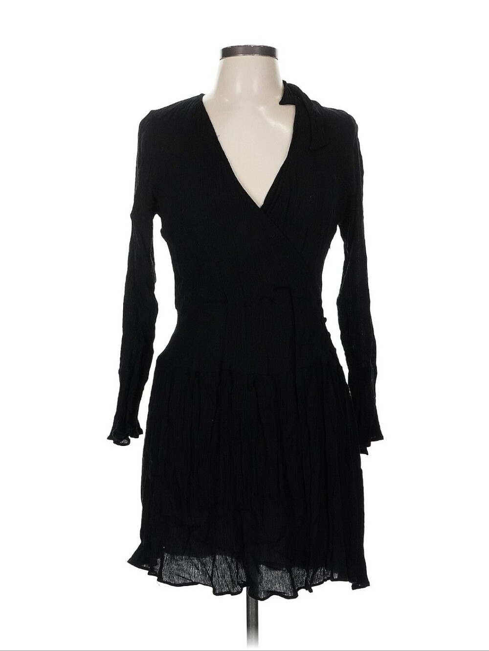 ASOS NWT Black Crinkle Gauze Mini Dress US Size 8 Tie Neck Long Sleeve